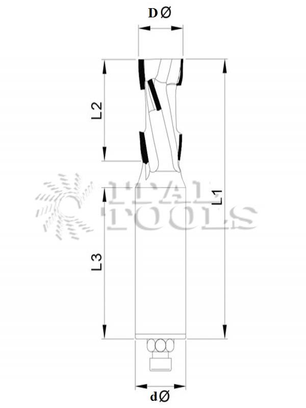 Ital Tools PPD05 Diamond router bit economic type Four spiral cutting divisions, two working cutting edges upper/lower and one central, PCD depth 2,5 mm. Positive /negative cutting edges, excellent finish on the upper and lower side of panel, low-noise. Feed rate: about 8-12 meters/min.
