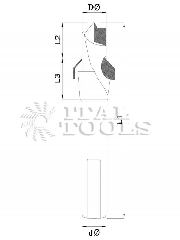 Ital Tools PFD05 High performance diamond dowel drill with countersink Z=2+2, suitable for drilling on chipboard panels.
