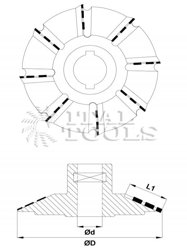 Ital Tools FFD13 Fraise diamant plate bande pour post-forming, hauteur PCD 5,0 mm. Surfaçage du revêtement de parement sur arbre vertical inférieur incliné.
