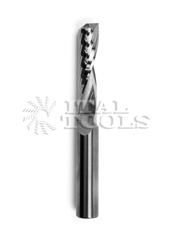 Ital Tools FEW01 Solid carbide upcut spiral bit Z1. Excellent finish on the lower side of the workpiece. Upward chip ejection. Application: for cutting, panel sizing on solid wood, wood composites, laminates and plastic materials