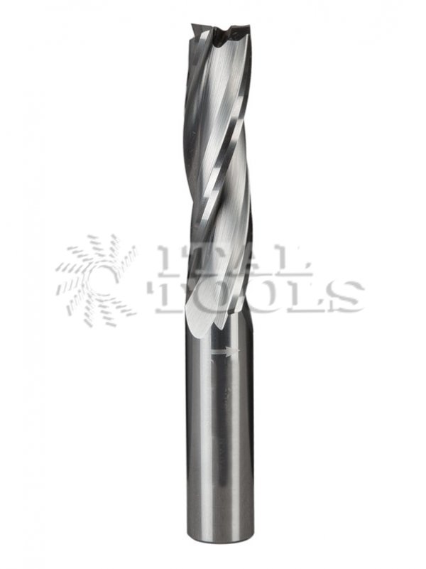 Ital Tools FEW05 Solid carbide upcut spiral bit Z3. Excellent finish on the lower side of the workpiece. Upward chip ejection. Application: for cutting, panel sizing on solid wood, wood composites, laminates.